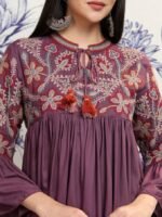 Purple & beige floral embroidered a-line ethnic dress - Image 2