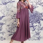 Purple & beige floral embroidered a-line ethnic dress