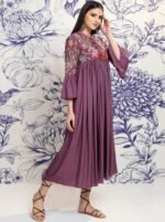 Purple & beige floral embroidered a-line ethnic dress