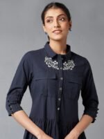 Blue and white solid embroidered a-line dress - Image 2