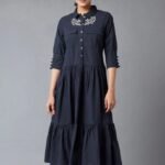 Blue and white solid embroidered a-line dress