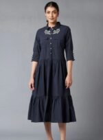 Blue and white solid embroidered a-line dress