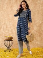 Navy blue & white printed kurta with trousers - Image 3