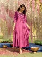 Purple ethnic motifs print maxi ethnic dress