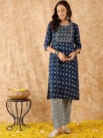 Navy blue & white printed kurta with trousers - Image 2