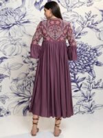 Purple & beige floral embroidered a-line ethnic dress - Image 4