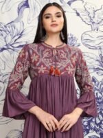 Purple & beige floral embroidered a-line ethnic dress - Image 3