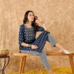 Navy blue & white printed kurta with trousers