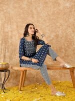 Navy blue & white printed kurta with trousers